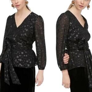 J. Crew Tie-Waist V-Neck Blouse Women's Medium Black Metallic Dot Jacquard